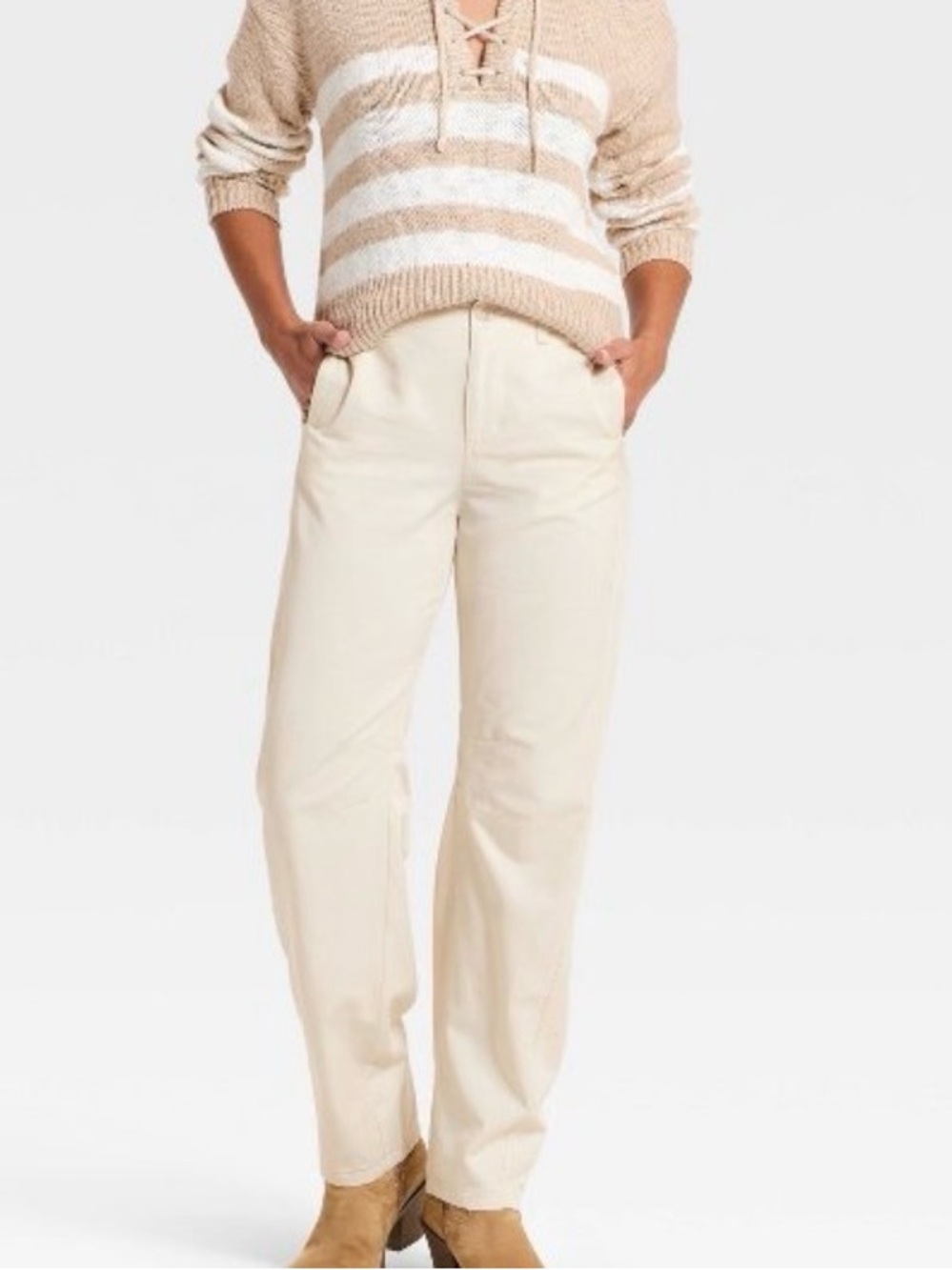 Cream low rise barrel leg cargo pants